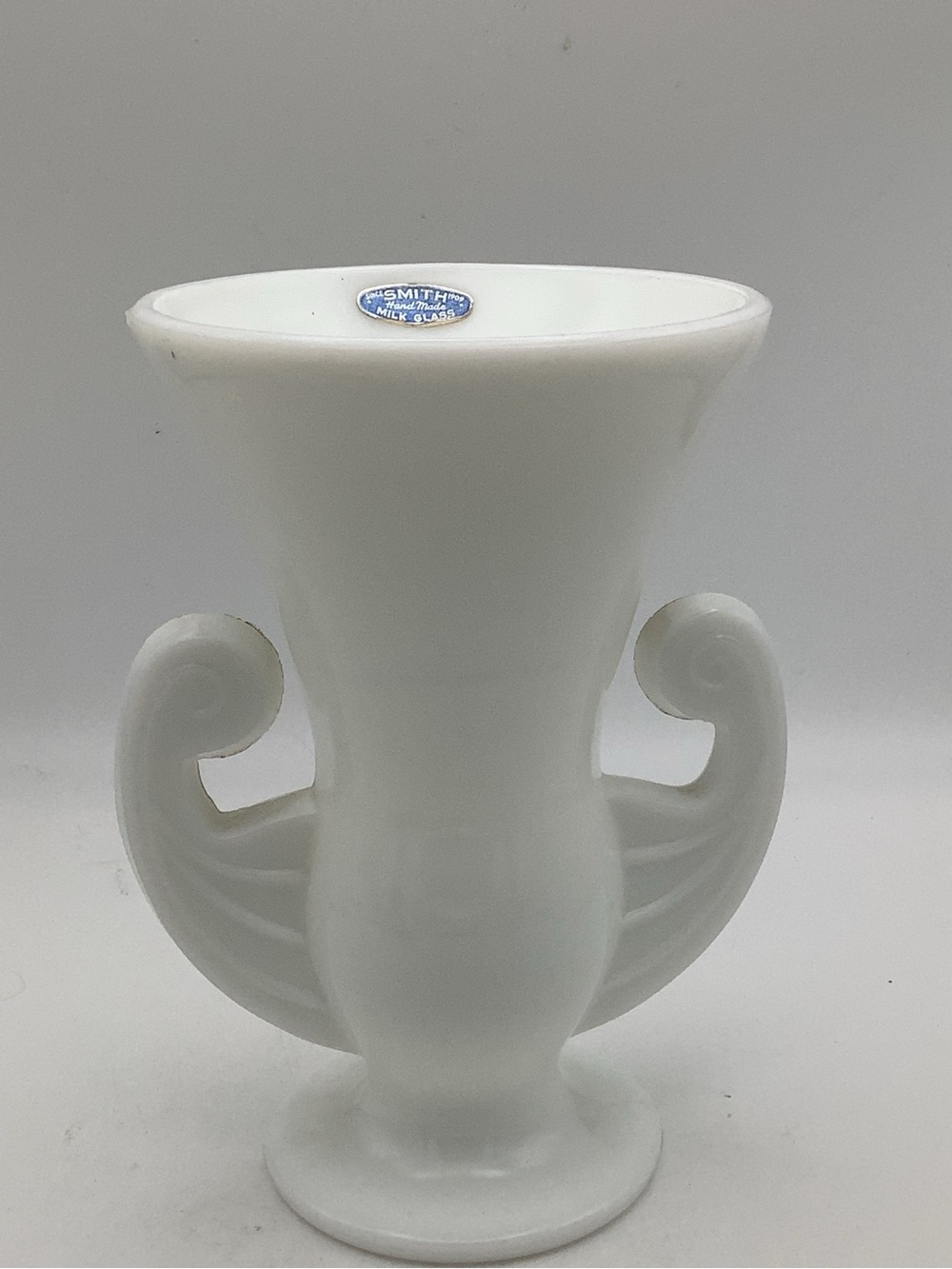 Smith Hand Made White Milk Glass Vase with Scrolled Handles